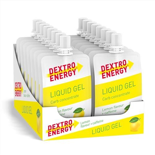 DEXTRO ENERGY LIQUID GEL LEMON + CAFFEINE – 18x60ml (18er Pack) – Energy Gel aus schnell verfügbaren Kohlenhydraten, Traubenzucker Gel, Koffein Booster, Energy Riegel Alternative, für Ausdauersport