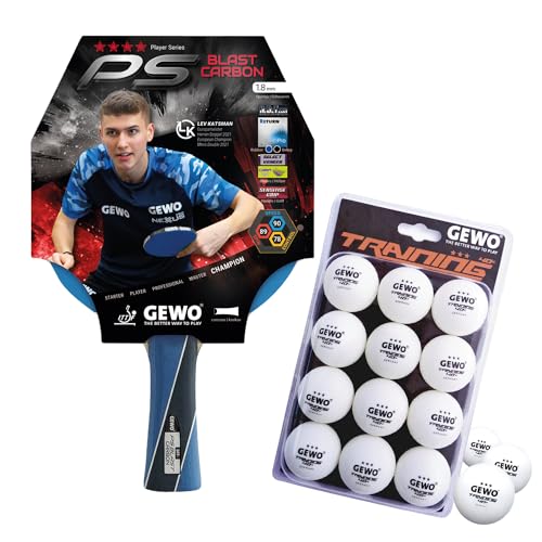 GEWO PS Blast Carbon Tischtennisschläger & GEWO Tischtennisbälle Training 40+ – ITTF genehmigter Profi-Tischtennisschläger, konkav, 1,8mm Schwamm + 3 Sterne Tischtennis-Ball, 12 Stück