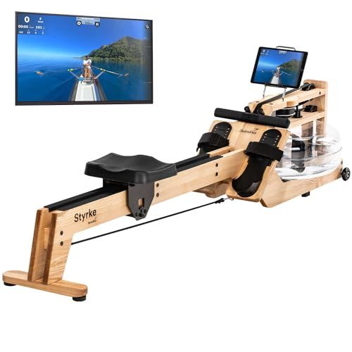 Skandika Wasserrudergerät Styrke Premium | Made in Germany, Rudergerät Wasser aus Holz, Kinomap App-Funktion, Rudermaschine für Zuhause, Massive Esche aus Deutschland, naturnahes Rudern, bis 180 kg