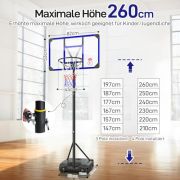 Yohood Basketballkorb Outdoor für Kinder/Jugendliche, Basketballkorb mit Rollen Tragbar, 147–260cm Höhenverstellbarer Basketballständer mit 82x53cm PC Rückwand & Vergrößerter Basis